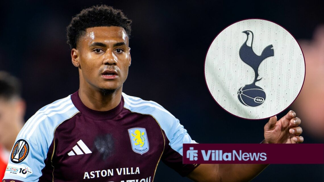 Ollie Watkins looking concentrated playing for Aston Villa looking towards a Tottenham badge in a circle inset
