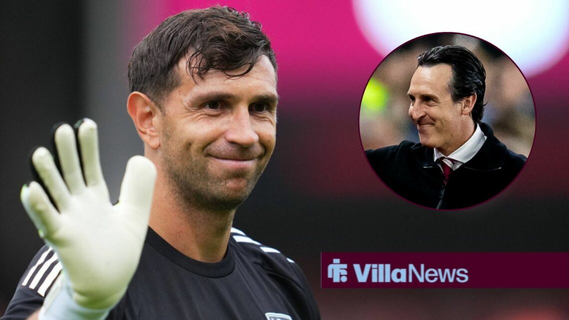Emi Martinez smiling and waving towards Unai Emery smiling in a circle inset