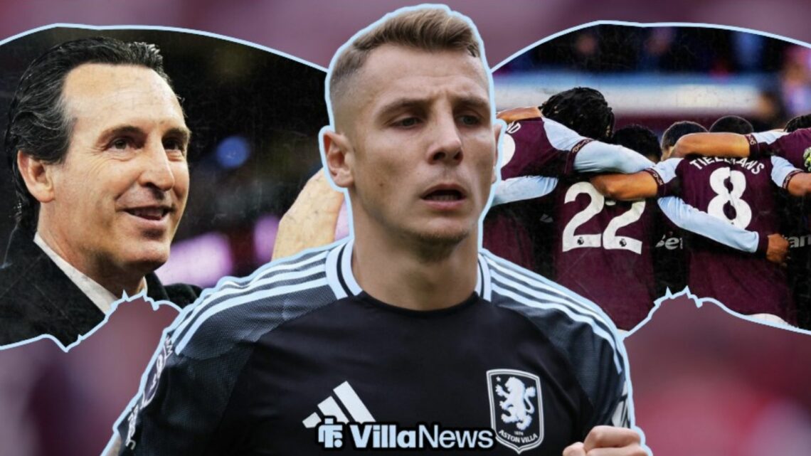Lucas Digne with separate insets of Unai Emery and the Aston Villa squad alongside him