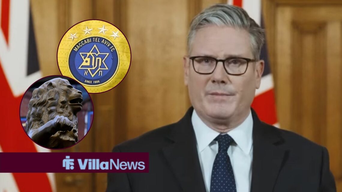 Keir Starmer looking towards two circle insets of Villa Park and the Maccabi Tel Aviv badge