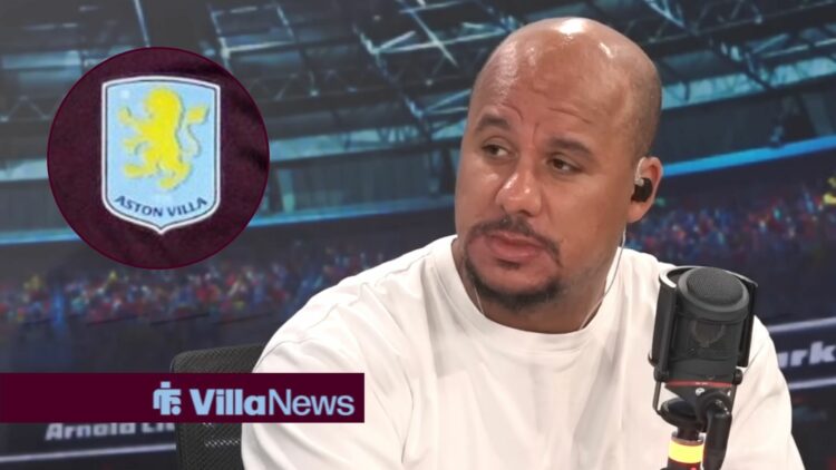 Gabby Agbonlahor speaking live on talkSPORT looking towards an Aston Villa badge in a circle inset