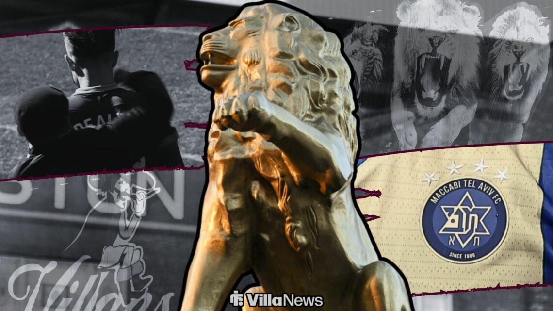 Aston Villa lion in gold between two insets of Jack Grealish being punched at Birmingham City and Maccabi Tel Aviv logo