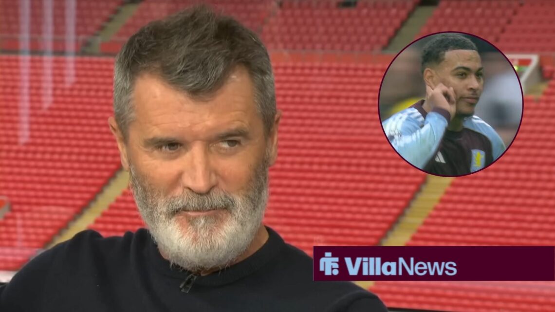 Roy Keane smiling looking towards Morgan Rogers celebrating in a circle inset