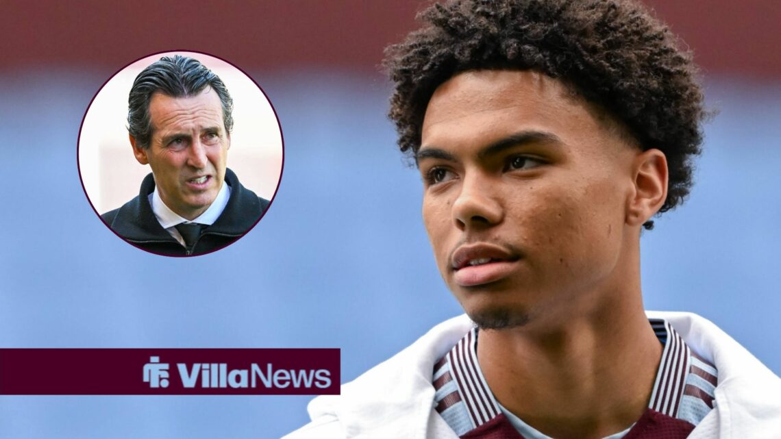 George Hemmings looking towards Unai Emery looking back in a circle inset