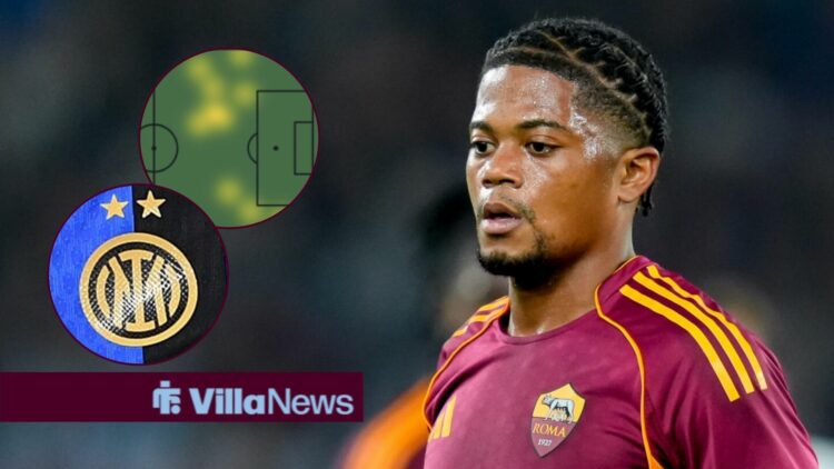Leon Bailey playing for Roma looking towards a circle inset of an Inter Milan badge and his heatmap vs Inter Milan