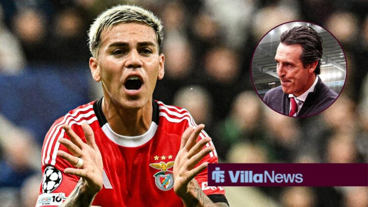 Enzo Barrenechea playing for Benfica looking towards an annoyed Unai Emery in a circle inset
