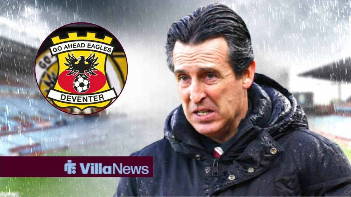 Unai Emery looking sad in the rain at Villa Park looking towards the Go Ahead Eagles badge in a circle inset