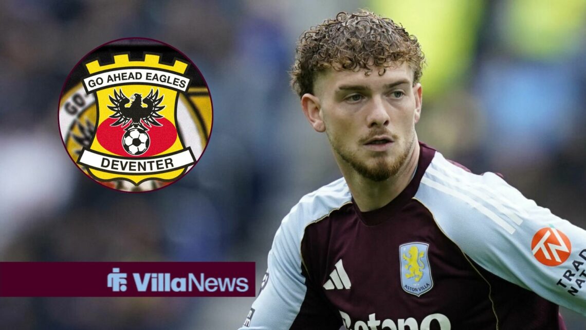 Harvey Elliott playing for Aston Villa looking away from the Go Ahead Eagles badge in a circle inset