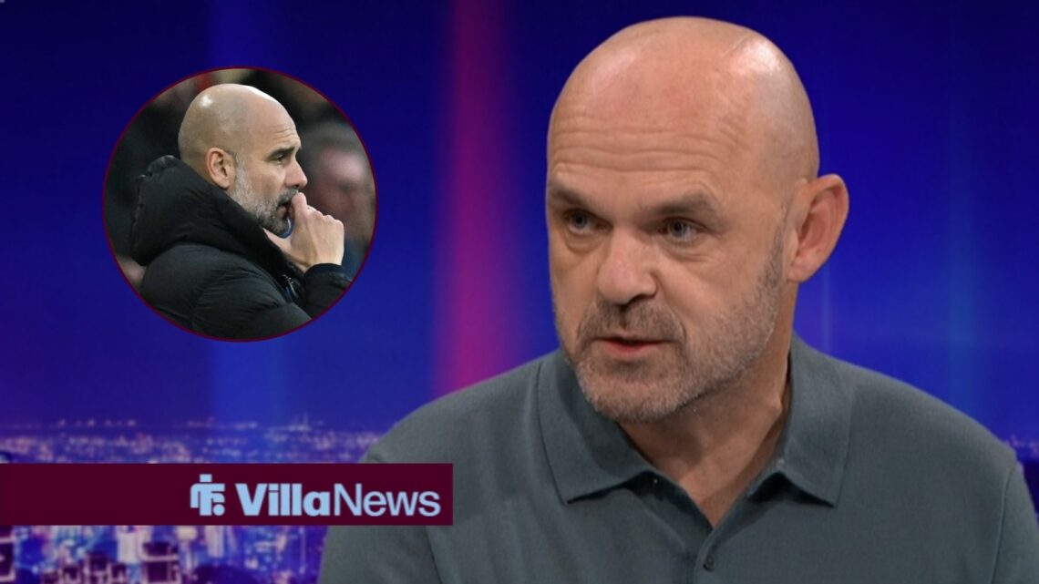 Danny Murphy looking concentrated towards an annoyed Pep Guardiola in a circle inset