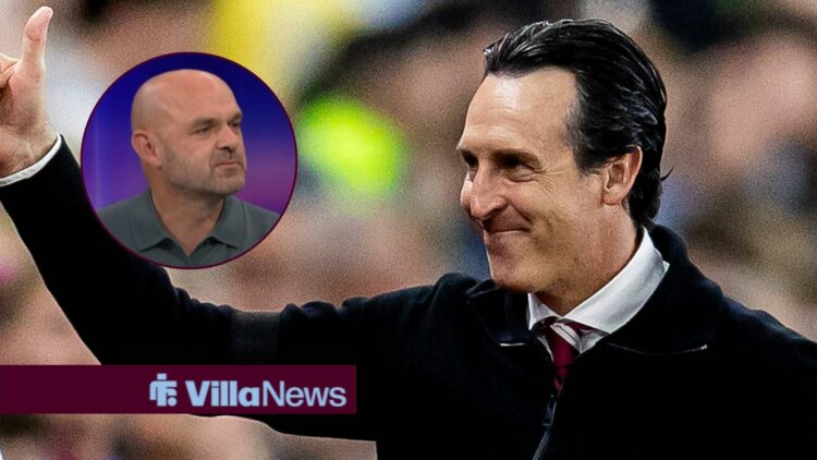 Unai Emery smiling looking towards a circle inset of Danny Murphy