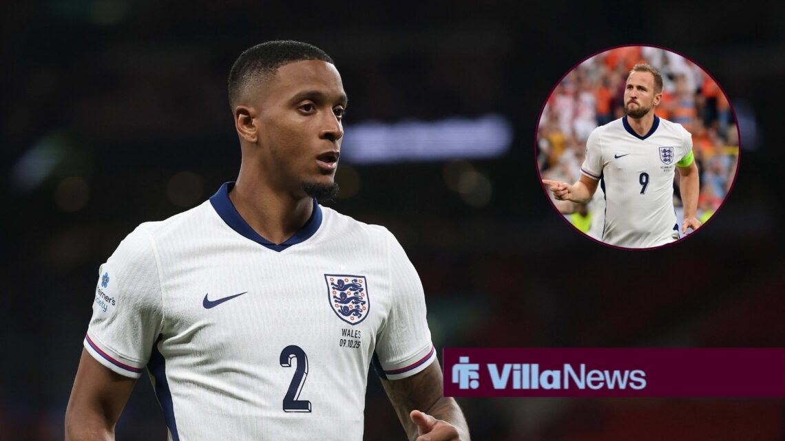 Ezri Konsa alongside a circle inset of Harry Kane.