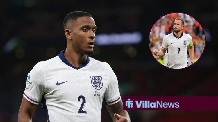 Ezri Konsa alongside a circle inset of Harry Kane.