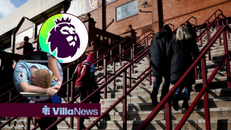 Aston Villa fans climbing the Holte End steps alongside two circle insets of the Premier League logo and an annoyed Aston Villa fan
