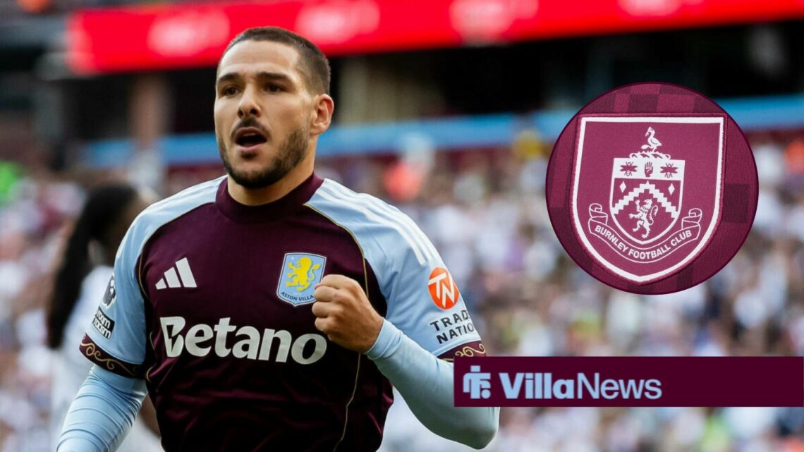 Aston Villa midfielder Emi Buendia celebrates with Burnley inset