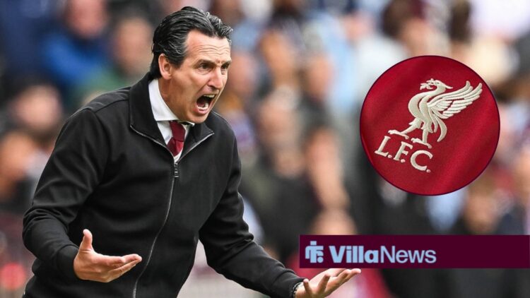 Aston Villa manager Unai Emery shouts with Liverpool badge inset