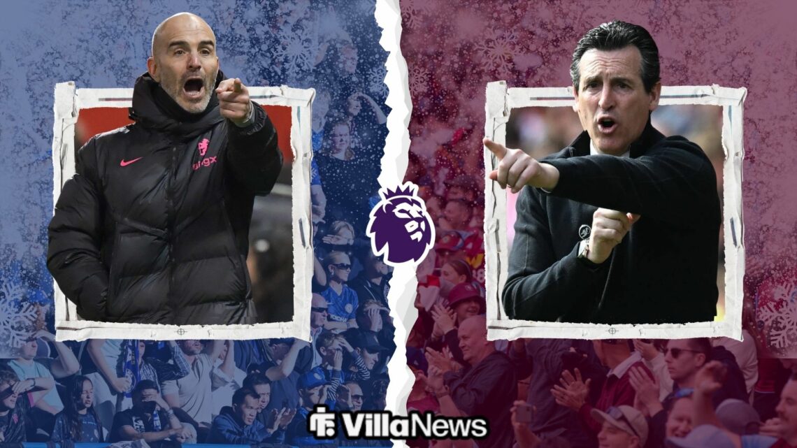 Unai Emery and Enzo Maresca pointing towards a Premier League logo above insets of Aston Villa fans and Chelsea fans