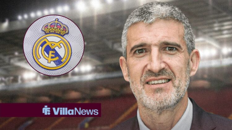 Roberto Olabe at Villa Park looking towards a Real Madrid badge