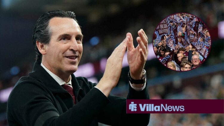 Unai Emery alongside a circle inset of Aston Villa fans.