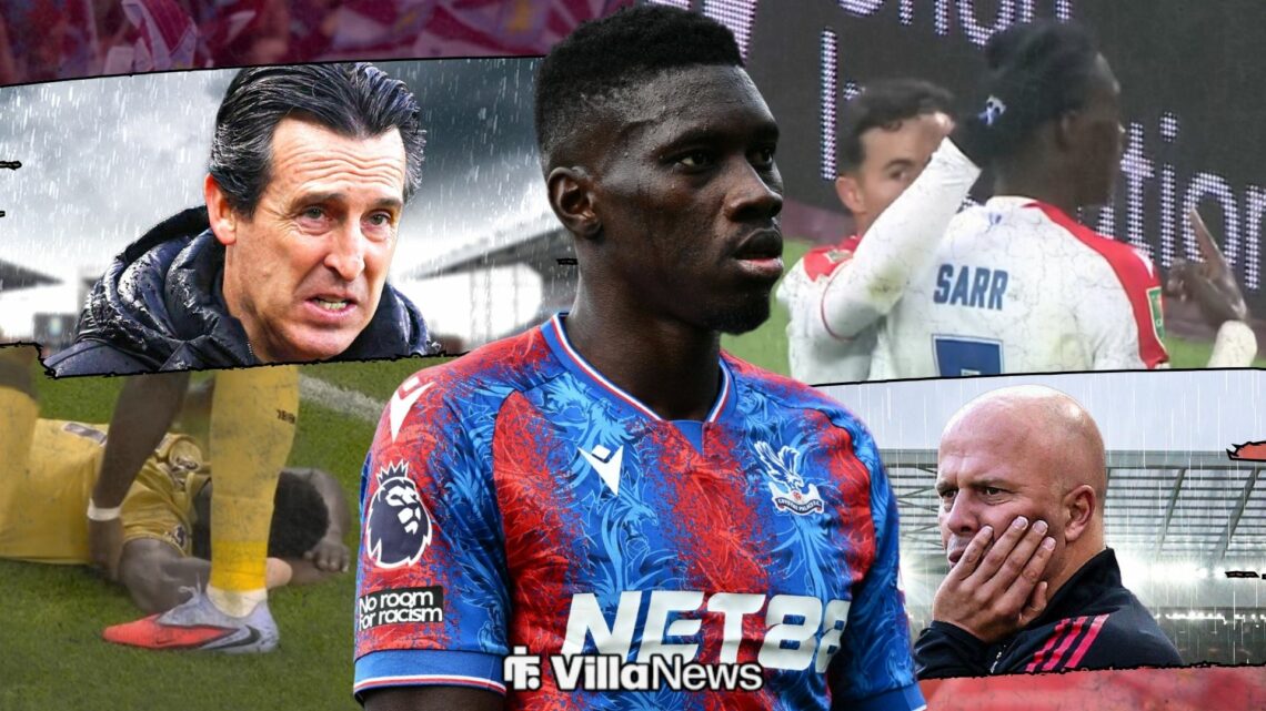 Ismaila Sarr surrounded by Unai Emery and Arne Slot in the rain next to Sarr celebrating against Aston Villa and Liverpool