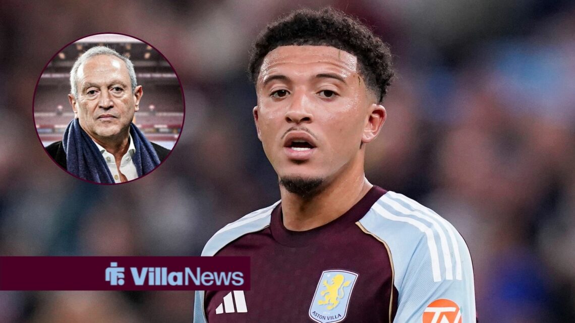 Jadon Sancho in action for Aston Villa, with Nassef Sawiris in a circular frame