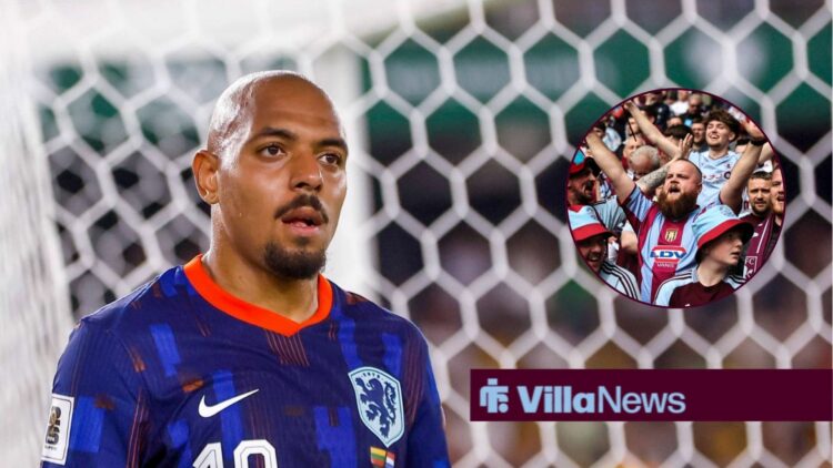 Aston Villa winger Donyell Malen playing for the Netherlands with fans inset