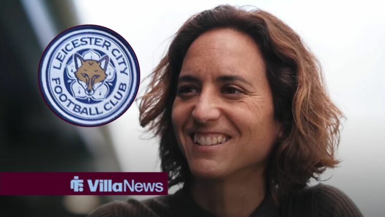 Natalia Arroyo smiling towards Leicester badge in circle
