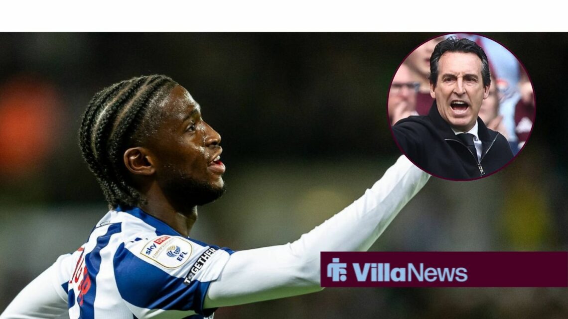 Samuel Iling-Junior celebrates for West Brom, with Unai Emery in a circular frame