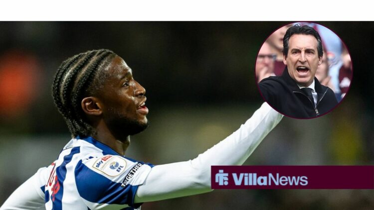 Samuel Iling-Junior celebrates for West Brom, with Unai Emery in a circular frame