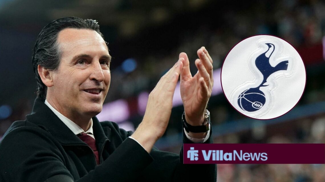 Aston Villa manager Unai Emery claps with Tottenham badge inset