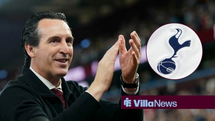 Aston Villa manager Unai Emery claps with Tottenham badge inset