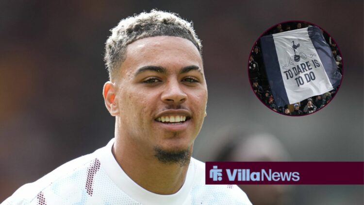 Morgan Rogers smiling with Tottenham banner in circle