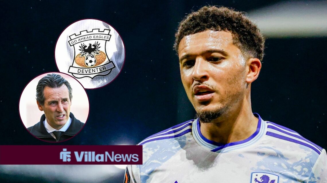 Jadon Sancho looking annoyed for Aston Villa looking towards circle insets of the Go Ahead Eagles badge and Unai Emery
