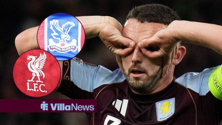 John McGinn doing his trademark celebration looking towards the Crystal Palace and Liverpool badge in a circle inset