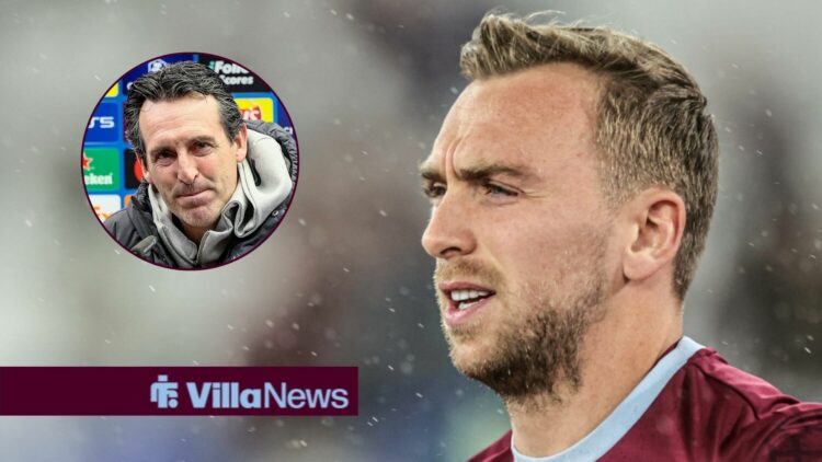 Jarrod Bowen concentrating playing for West Ham looking towards Unai Emery in a circle inset