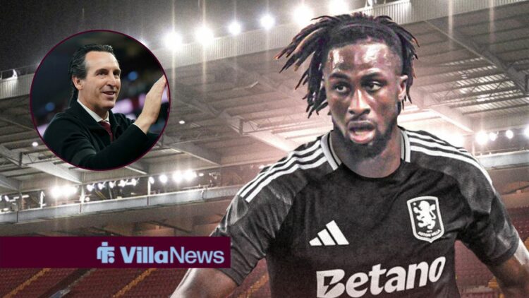 Evann Guessand alongside a circle inset of Unai Emery.