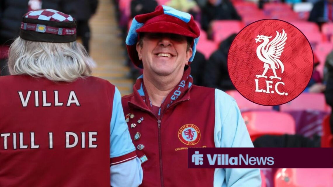 Aston Villa fans smiling next to a circle inset of a Liverpool badge