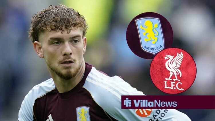 Harvey Elliott playing for Aston Villa looking towards circle insets of the Aston Villa and Liverpool badge