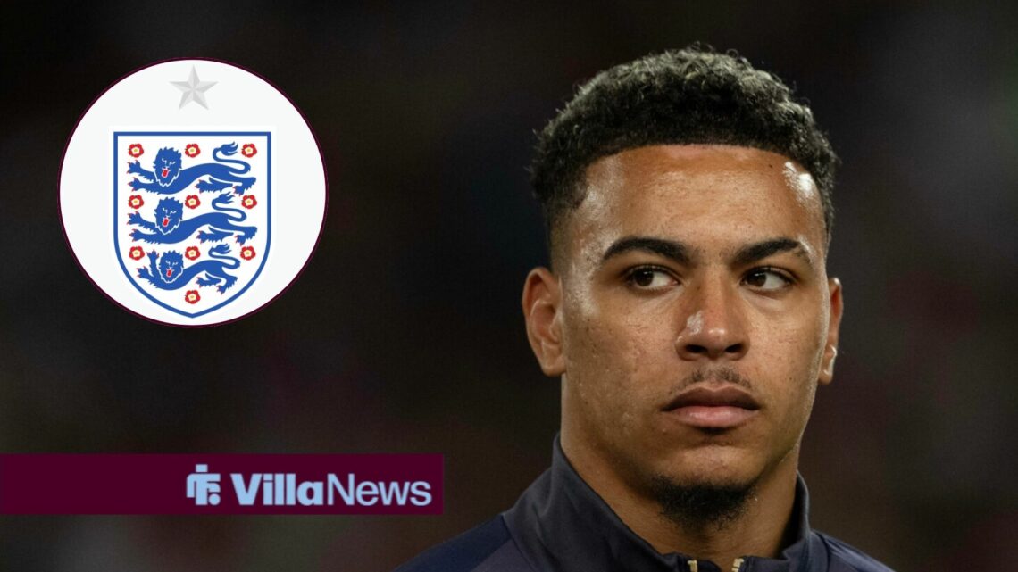 Ollie Watkins alongside a circle inset of the England badge.