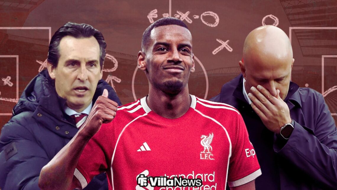 Alexander Isak celebrating for Liverpool surrounded by Unai Emery and Arne Slot looking annoyed at Anfield