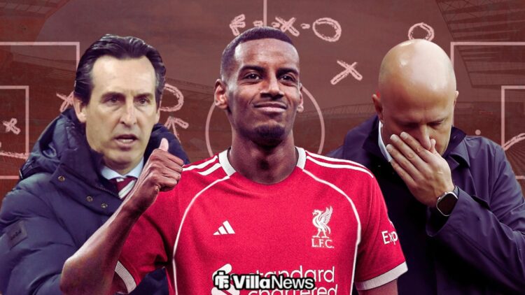 Alexander Isak celebrating for Liverpool surrounded by Unai Emery and Arne Slot looking annoyed at Anfield