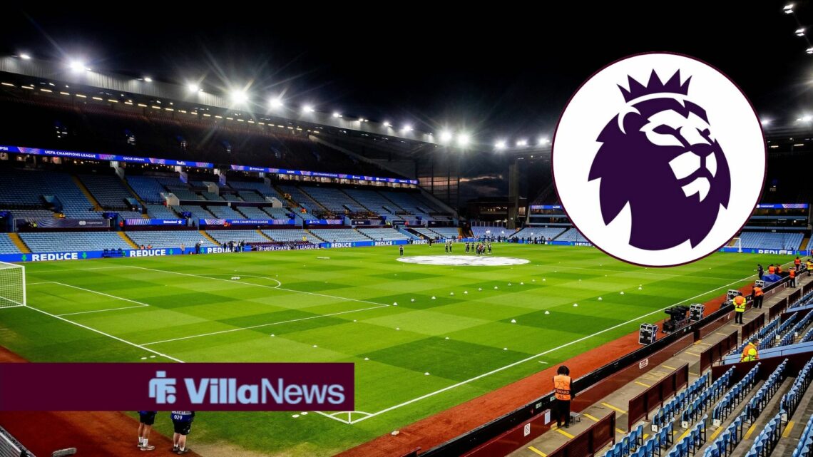 Villa Park at night, with a Premier League badge in a circular frame