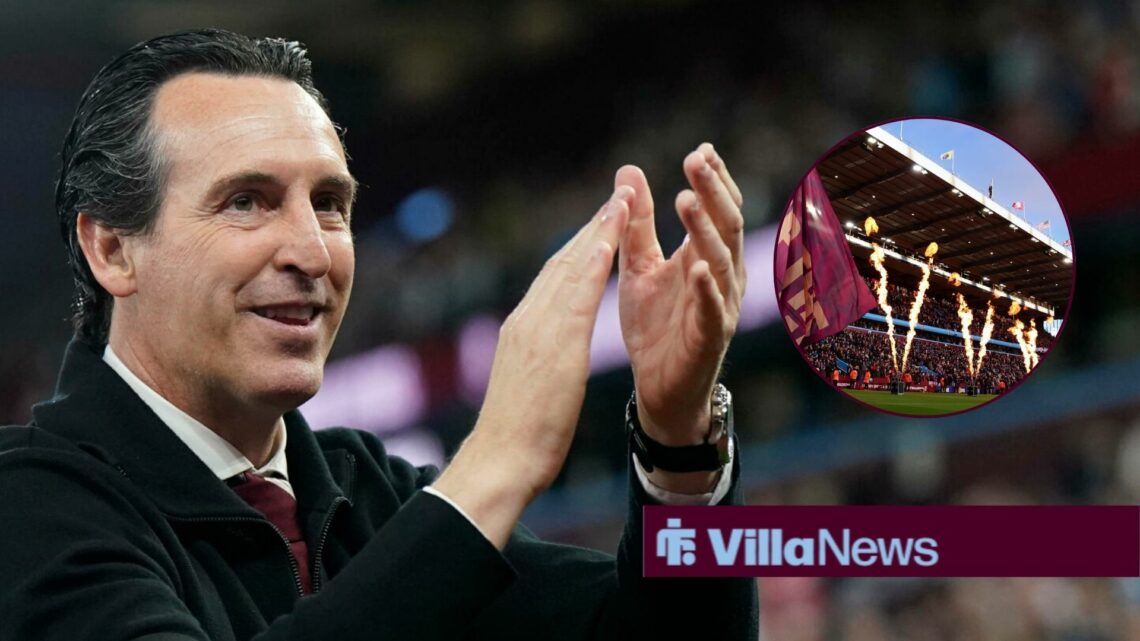 Aston Villa manager Unai Emery claps with Villa Park inset
