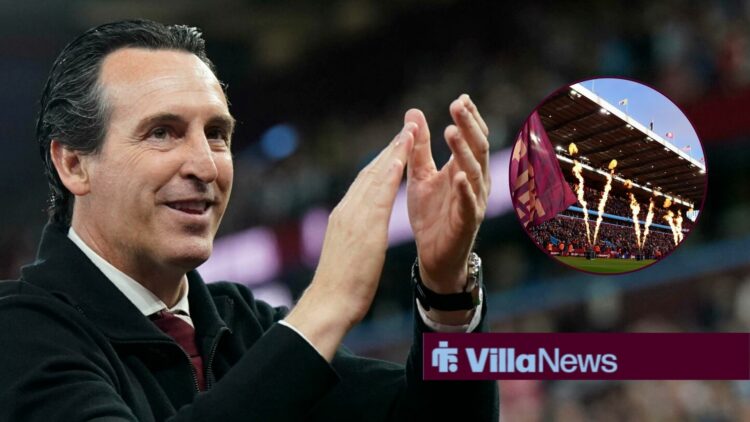 Aston Villa manager Unai Emery claps with Villa Park inset