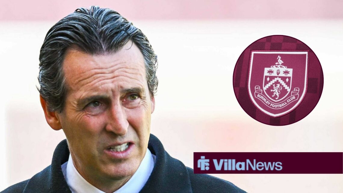 Aston Villa manager Unai Emery looks concerned with Burnley badge inset