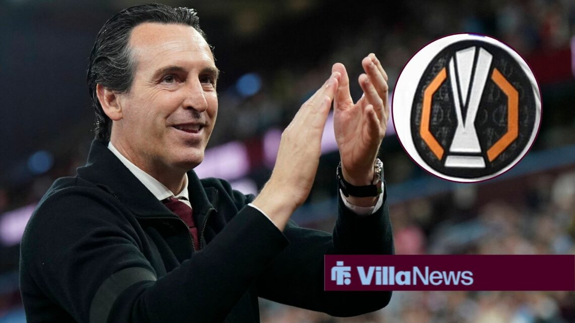 Aston Villa manager Unai Emery claps happily with Europa League badge in circle inset