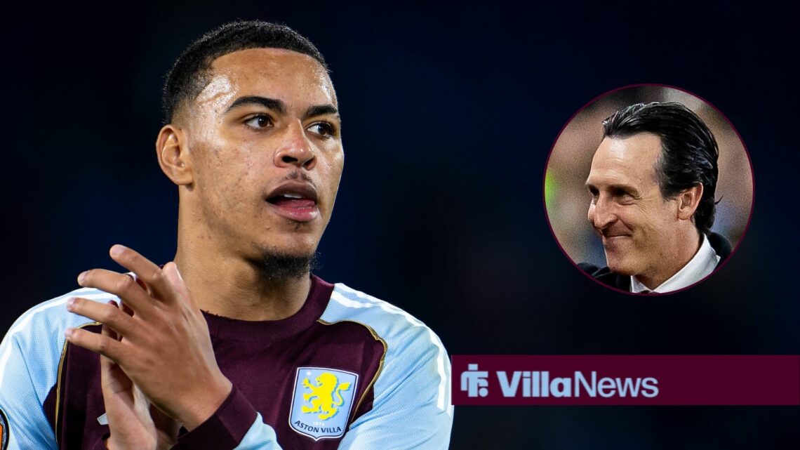 Aston Villa midfielder Morgan Rogers claps with Unai Emery smiles inset