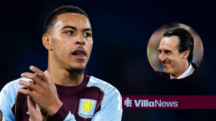 Aston Villa midfielder Morgan Rogers claps with Unai Emery smiles inset