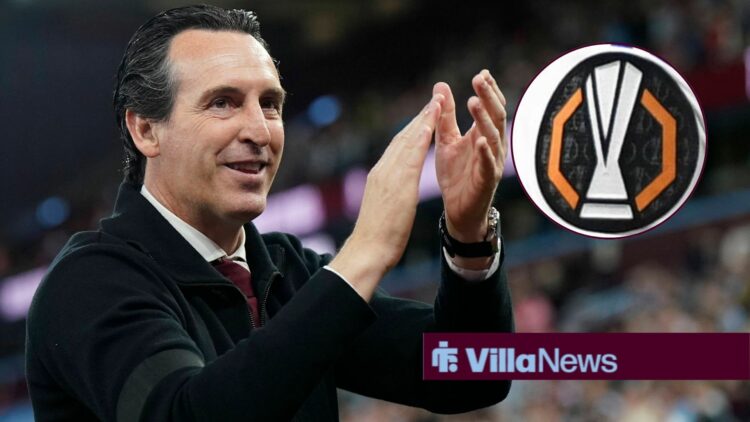 Aston Villa manager Unai Emery claps happily with Europa League badge in circle inset