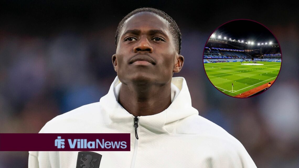 Amadou Onana in an Aston Villa jacket wih Villa Park looming over him.