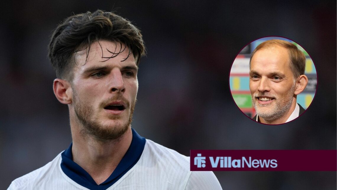 Arsenal and England midfielder Declan Rice, with Thomas Tuchel smiling inset